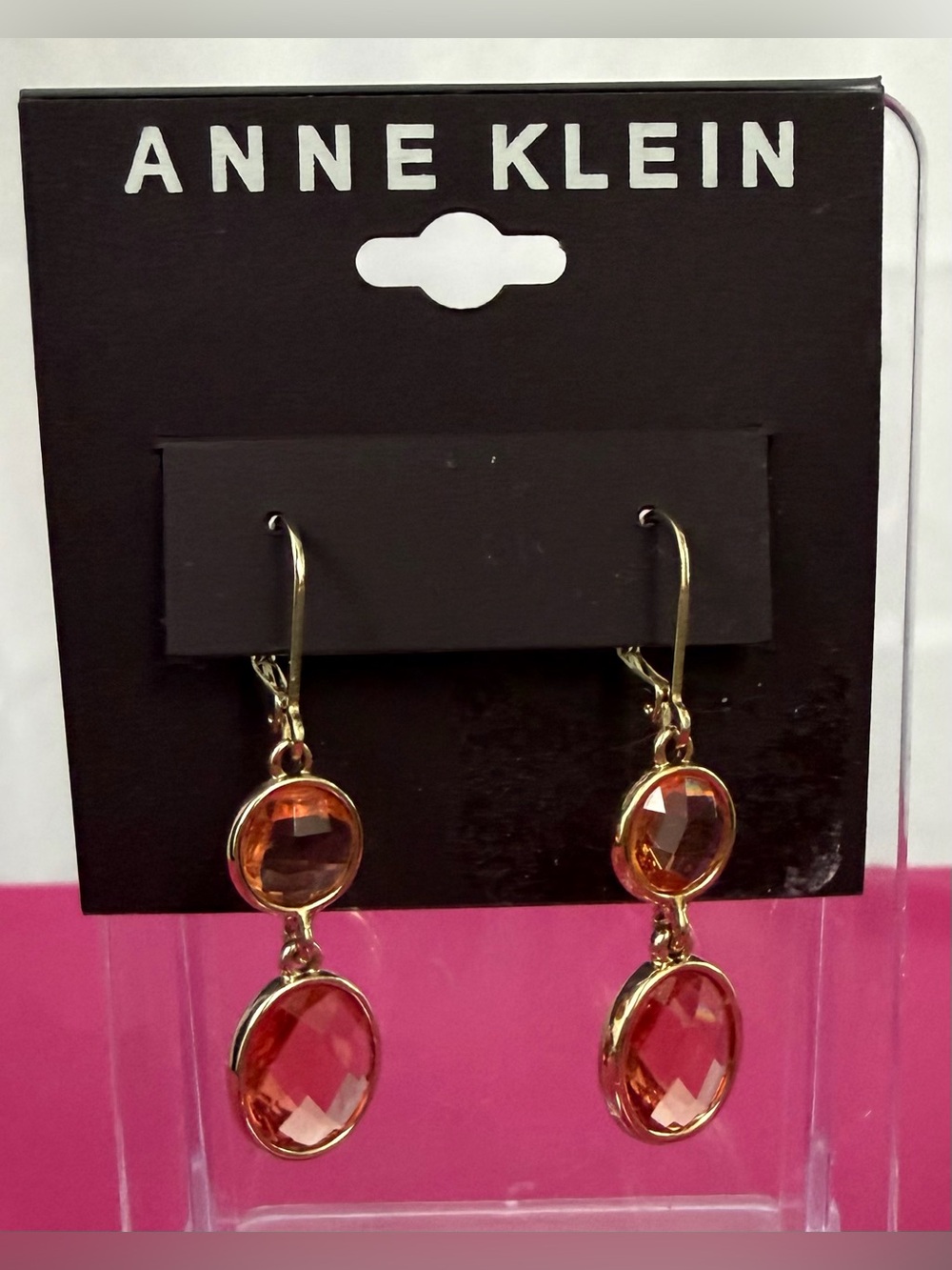 Anne Klein Gold-Tone Double Drop Faceted Amber Crystal Dangle Earrings NWT